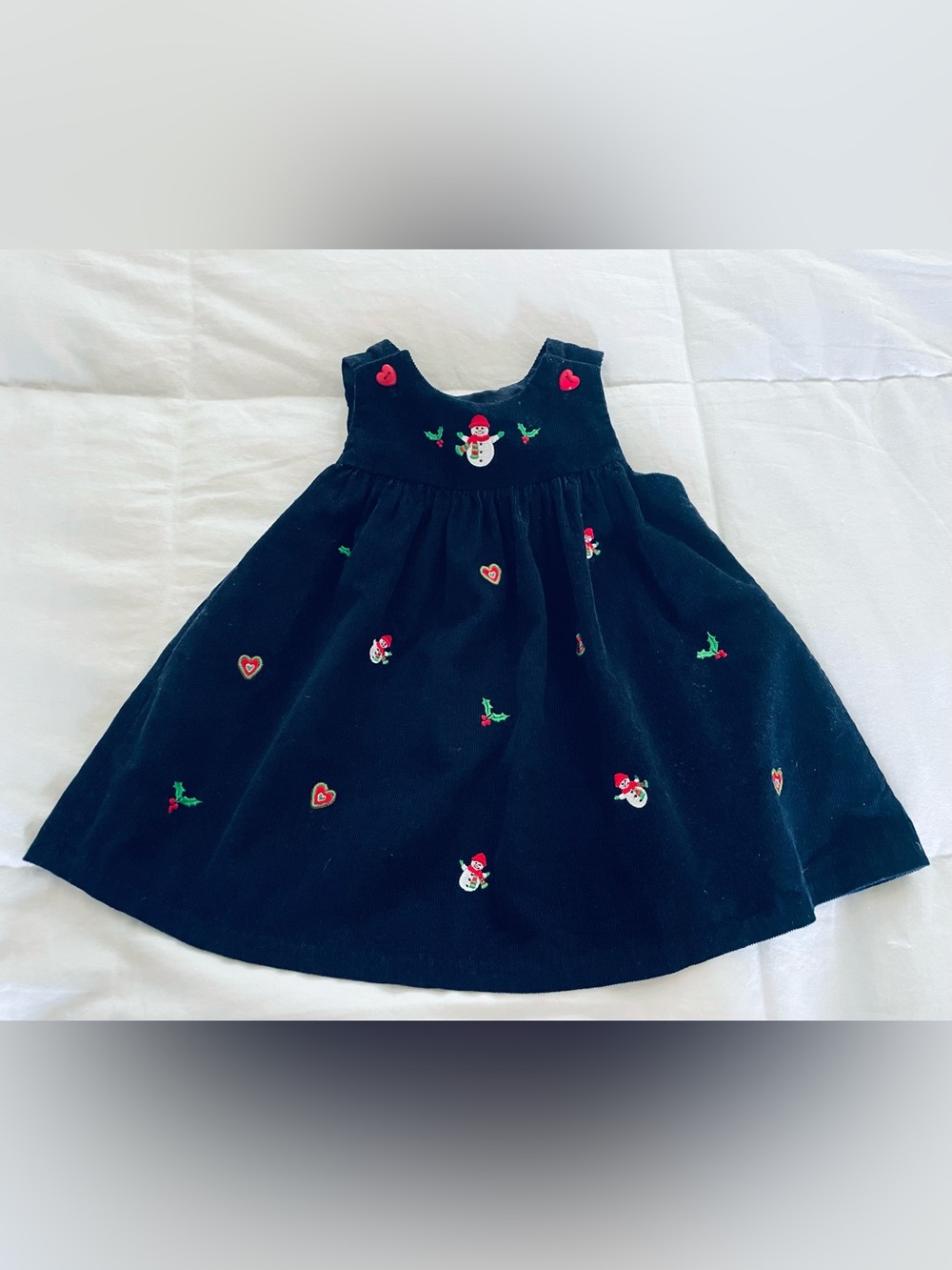 Vintage 18 Mo Baby Christmas Dress w Snowman Holly Cotton Corduroy Navy Blue